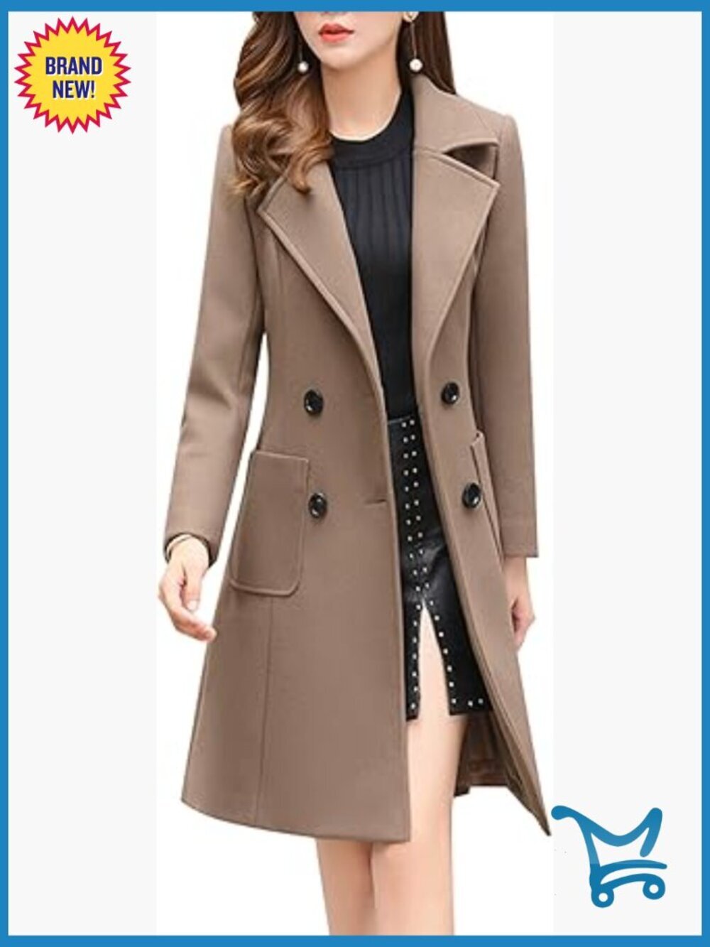 Elegant Notched Collar Double Breasted Wool Blend Overcoat Midi Length